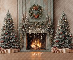 christmas trees and presents in front of a fireplace