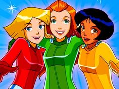 three cartoon girls standing next to each other with their arms around one another and smiling at the camera