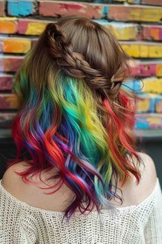 82 Photos of Rainbow Hair Ideas to Consider for 2024 Rainbow Hair Ideas, Pretty Brown Hair, Brown Hair With Blonde, Hair With Blonde Highlights, Blonde Streaks, Rainbow Hair Color, Brown Hair With Blonde Highlights