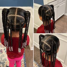 Doing our weekly braiding style to eliminate rushing in the morning and have less manipulation of hair during the cold months. Front - two pigstails with individual braids with beads; Back - 6 rubberband style braids with beads. Bead Hair Styles, Little Mixed Girl Hairstyles Easy With Beads, Bead Hairstyles For Kids Natural Easy, Hair Styles With Beads Kids, Easy Kid Braid Styles, Easy Braids With Beads, Style Braids With Beads