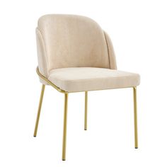 an upholstered chair with gold legs and a beige fabric seat pad on a white background