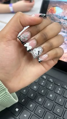 #nails Couple Initial Nails, Black Junk Nails Short, Nail Ideas Short Black, Short Junk Nail Designs, Black Junk Nails, Short Nails With Charms, Junk Nails