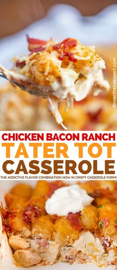 chicken bacon ranch tater tot casserole on a plate with a fork