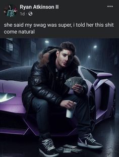 a man in black jacket sitting on top of a purple sports car with his money