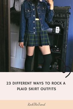 Person wearing a denim jacket and plaid skirt paired with knee-high socks. Text reads: "23 different ways to rock a plaid skirt outfits". Flannel With Skirt, Plaid Skirt Outfit Aesthetic, Skirt Outfits Aesthetic, Red Plaid Skirt