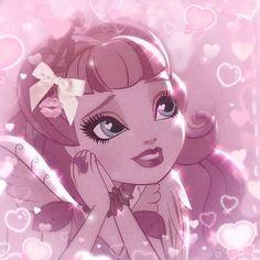 a cartoon girl with pink hair and big eyes holding her hand to her face while looking at the camera