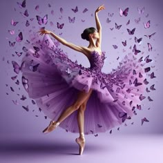 a ballerina in a purple dress surrounded by butterflies