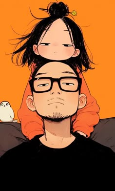 a man with glasses is sitting on top of a woman's head in front of an orange background