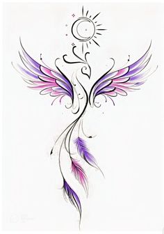 an artistic tattoo design with purple and white wings