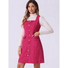 Carefully crafted to enhance your style, this tweed pinafore dress offers a chic and trendy look suitable for various occasions. The sleeveless design provides a touch of elegance, while the square neck adds a unique and flattering shape to the dress. The button-up front detailing adds a classic touch, complementing the A-line silhouette for a feminine and polished appearance. Perfect for layering over blouses or tees, this tweed pinafore dress can be styled with heels or boots to create a fashi Sleeveless Tweed Dresses With Buttons, Sleeveless Tweed Dress For Winter, Casual Tweed Dress With Button Closure For Work, Pinafore Dress With Buttons For Workwear, Womens Tweed, Causal Dresses, Midi Slip Dress, Ballet Dress, Ruffle Hem Dress