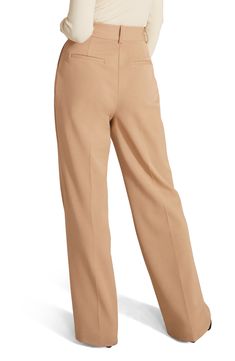 Carefully tucked pleats accent polished workday pants punctuated with elongating front seams and wide legs. 33" inseam; 22" leg opening; 13 1/2" front rise; 17" back rise (size 8) Zip fly with hook-and-bar closure Front slant pockets; back welt pockets 63% polyester, 32% rayon, 5% spandex Machine wash, tumble dry Imported Workwear Wide Leg Ankle-length Pants With Welt Pockets, Workwear Wide Leg Pants With Pressed Crease, Business Casual Full-length Wide Leg Pants With Welt Pockets, Chic Full-length Wide Leg Pants With Welt Pockets, Chic Formal Full-length Work Pants, Straight Leg Bottoms With Concealed Placket For Fall, Solid Bottoms With Pressed Crease For Workwear, Wide Leg Bottoms With Pressed Crease For Work, Wide Leg Bottoms With Pressed Crease For Fall