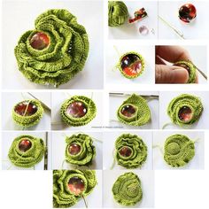 crochet flowers made with yarn and beads are shown in several different stages of development