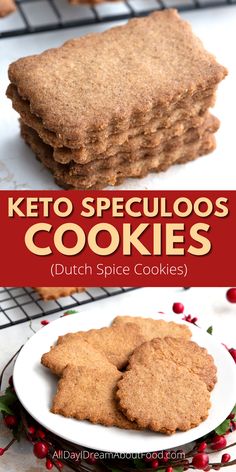 some cookies are stacked on top of each other with the words keto spelloos cookies