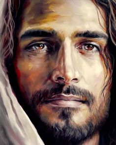 a painting of jesus with long hair and eyes