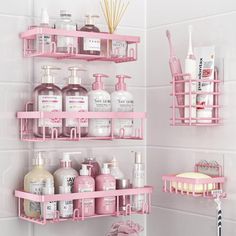 pink bathroom shelves filled with personal care products