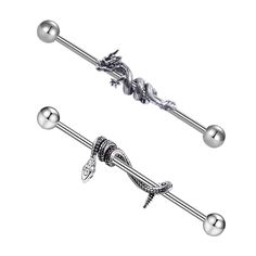 PRICES MAY VARY. ♦Fashion Design:1 Order Contains 2 Pieces of 316L Surgical Steel Industrial Barbell,Industrial Barbell with snake and dragon, Stylish and Charming. ♦Specification: Bar Thickness: 14G/1.6mm, Bar Length: 38mm, Suitable for most people. ♦Material：The Bar is Made of 316L Stainless Steel, Lead and Nickel Free, Healthy for Sensitive Skin, Can be worn with ease. ♦Multiple Using：Suitable for different parties, Festivals, Ceremonies, Bars, Daily life wear, and many occasions and can serv Curved Barbell Jewelry, Industrial Barbell Jewelry, Bar Ear Piercing, Piercings Bonitos, Industrial Piercings, Industrial Piercing Jewelry, Steel Dragon, Dragon Claw, Industrial Barbell