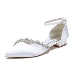 white shoes with jeweled straps and low heels on the heel, all in satin fabric