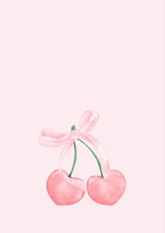 two cherries tied with a pink ribbon on top of a light pink wallpaper