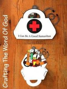 a wooden table topped with an assortment of medical items and a sign that says, i can be a good samarian