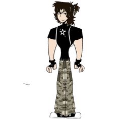 an anime character with black hair and camouflage pants, standing in front of a white background