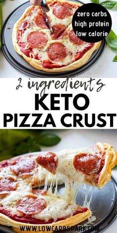 two different types of pizza on plates with the words ingredients keto crust and pepperoni