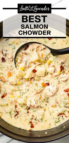 a pot of soup with a ladle and text overlay that reads best salmon chowder Salmon Stew Recipe, Crockpot Salmon, Creamy Salmon, Chowder Recipes Seafood