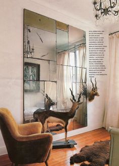 a deer is standing in front of a mirror with antlers hanging on the wall