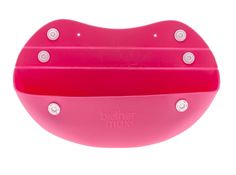 a pink object with metal rivets on the top and bottom, in front of a white background