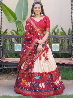 Design and pattern could be at the rise of your beauty after you dress in this marvelous red digital printed dola silk festive wear lehenga choli. This stunning set will surely brighten up your festive occasions, Navratri, receptions, weddings, and other events where you want to stand out from the crowd.
Crafted with utmost perfection, this lehenga choli set is designed to make you feel like a style icon. It features a red printed dola silk lehenga with foil work that has an impressive 4-meter f Zip Stitching, Red Lehenga Choli, Navratri Dress, Modest Evening Dress, Stitched Lehenga, Lehenga Choli Online, Red Lehenga, Silk Bottoms, Ghagra Choli