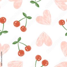 cherries and hearts on a white background with pink watercolors, hand drawn