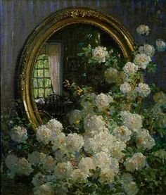 a painting of white flowers in front of a mirror with an open window behind it