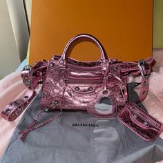 Brand New , Never Worn Bag Is In Great Condition Comes With Strap As Shown Strap Is Adjustable Comes With Dust Bag Mirror And Card Holder Attachment On Bag Any Questions, Please Ask Balenciaga Le Cagole Pink Rhinestone, Balenciaga Le Cagole Rhinestone, Balenciaga Clutch, Bags Balenciaga, Bag Mirror, Balenciaga Leather, Balenciaga Logo, Leather Card Case, Balenciaga Bag