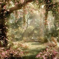 a swing in the middle of a lush green forest filled with pink flowers and greenery