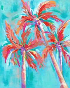 two palm trees painted in bright colors on a blue background