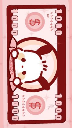 the hello kitty money bill is shown in red and pink colors, with symbols on it