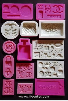 various stamps and molds for making soap or cake decorating, including monogrammed letters