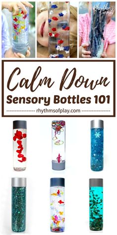 a collage of different bottles filled with colorful liquid and some text that reads calm down sensory bottles 101