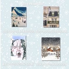 four pictures of houses in the snow with trees and sleighs on them