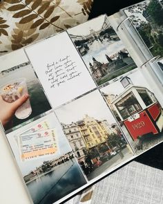 an open photo book with pictures and writing on the pages, sitting on top of a bed