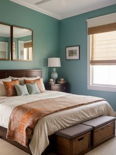 a large bed sitting under two mirrors in a bedroom next to a dresser and lamp