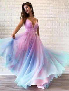 A Line V Neck Ombre Long Prom Dresses, Multi Color Ombre Long Formal Evening Dresses Multi Color Prom Dress, Dresses Hoco, Graduation Gown, V Neck Prom Dresses, Floor Length Prom Dresses, Long Prom Dresses, Hoco Dresses, Dress Picture, Long Prom Dress