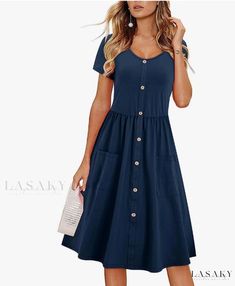 Lasaky - Solid Color Round Neck Short Sleeve Buttoned Dress with Elastic High Waist and Pockets Women Dresses Casual Summer, Beach Dresses Summer, Outfit Shopping, Tie Waist Dress, Crewneck Dress, Black Cocktail Dress, Casual Summer Dresses, Flowy Dress, Short Sleeve Dress