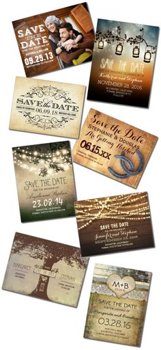 wedding save the dates cards with string lights and trees on them, all in different colors