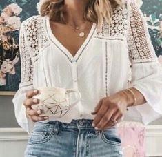 Top Seller for XXL New Plus Size Boutique White Lace Flare Sleeve V-Neck Top Blouse Womens 2X, women's top Southwest Style Clothing, White Top Women, Romantic Blouses, Lacy Tops, Summer Outfits For Women, Plus Size Boutique, Lace Button, Pretty Blouses, Floral Crochet