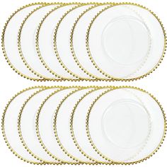 six white and gold dinner plates with beaded trims on each plate, set of four