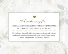 a white card with gold foil on it that says, not on gifts la presence de neestros amios y familabres