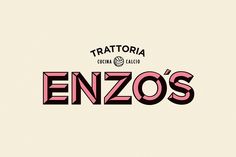 the word enzos written in red and black on a beige background with pink lettering