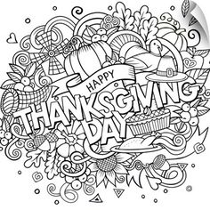 the word thanksgiving is surrounded by doodles and other items in black and white ink