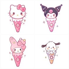 hello kitty ice cream stickers are shown in four different colors and designs, including one with