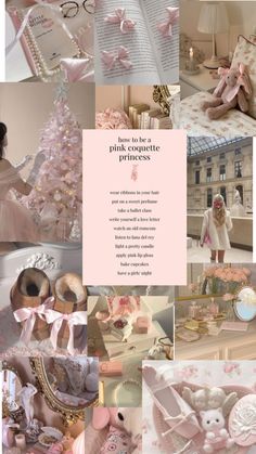 a collage of pink and white pictures with teddy bears, books, and other items